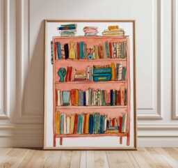 Bookshelf Illustration Art Print - Colorful Modern Wall Reading Room Poster Cozy Home Decor Mid Century Boho Artwork - thumbnail 1