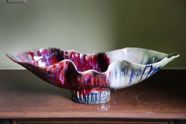Hand Built Ceramic Centerpiece Red Turquoise Fluted Dish - image 1