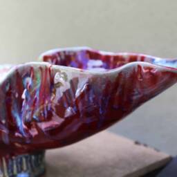 Hand Built Ceramic Centerpiece Red Turquoise Fluted Dish - thumbnail 2