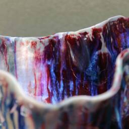 Hand Built Ceramic Centerpiece Red Turquoise Fluted Dish - thumbnail 4