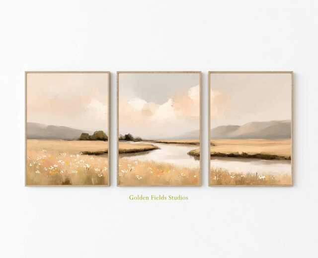 Neutral Landscape Wall Art Set Of 3 Beige River Triptych, Modern Farmhouse Decor - image 1