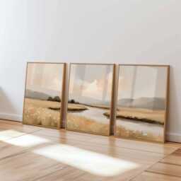 Neutral Landscape Wall Art Set Of 3 Beige River Triptych, Modern Farmhouse Decor - thumbnail 2