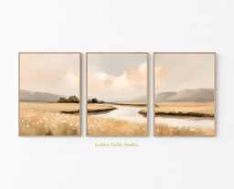 Neutral Landscape Wall Art Set Of 3 Beige River Triptych, Modern Farmhouse Decor - thumbnail 1