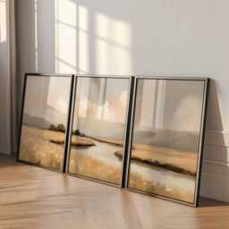 Neutral Landscape Wall Art Set Of 3 Beige River Triptych, Modern Farmhouse Decor - thumbnail 3