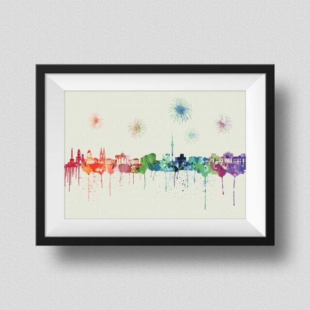 Berlin Skyline Rainbow Watercolor Map Art Print Germany Ink Splash Poster Canvas