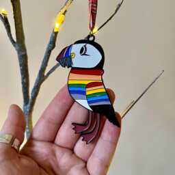 Handmade Scottish Puffin Christmas Ornament, Enamel Bird With Tartan Ribbon - thumbnail 3