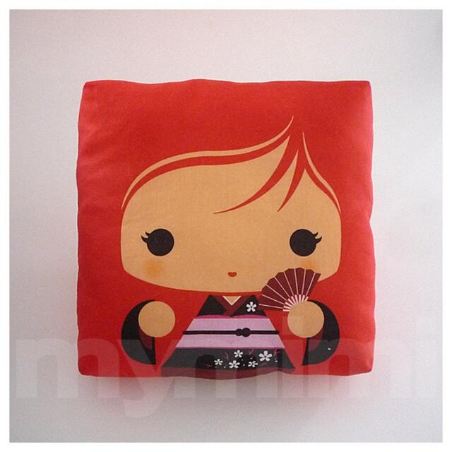 Kawaii Geisha Girl Pillow Red Hair, Japanese Kokeshi Doll - 7x7 - image 1