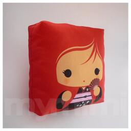 Kawaii Geisha Girl Pillow Red Hair, Japanese Kokeshi Doll - 7x7 - thumbnail 2