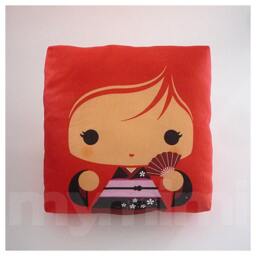 Kawaii Geisha Girl Pillow Red Hair, Japanese Kokeshi Doll - 7x7