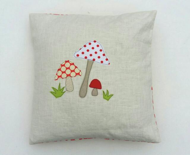 Toadstool Cushion Cover - Mushrooms, Red & White, Free Motion Applique, Linen Amy Butler Cotton. 40cm/16 - image 1