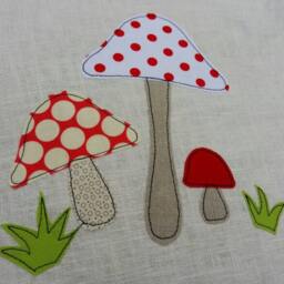 Toadstool Cushion Cover - Mushrooms, Red & White, Free Motion Applique, Linen Amy Butler Cotton. 40cm/16 - thumbnail 3