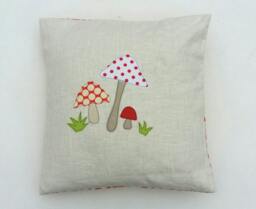 Toadstool Cushion Cover - Mushrooms, Red & White, Free Motion Applique, Linen Amy Butler Cotton. 40cm/16 - thumbnail 1