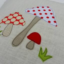 Toadstool Cushion Cover - Mushrooms, Red & White, Free Motion Applique, Linen Amy Butler Cotton. 40cm/16 - thumbnail 2