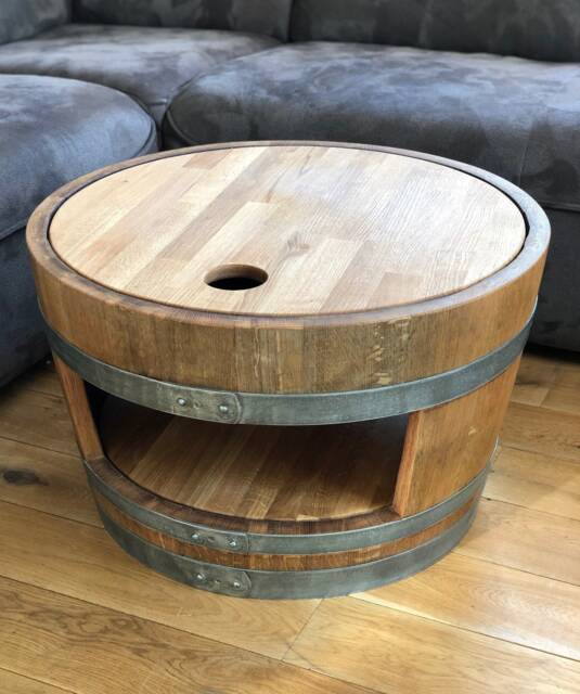 Wine Barrel Coffee Table With Wooden Lid & Shelf Oiled - image 1