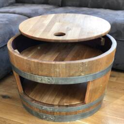 Wine Barrel Coffee Table With Wooden Lid & Shelf Oiled - thumbnail 3