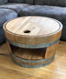 Wine Barrel Coffee Table With Wooden Lid & Shelf Oiled