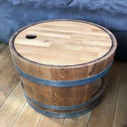 Wine Barrel Coffee Table With Wooden Lid & Shelf Oiled - thumbnail 2