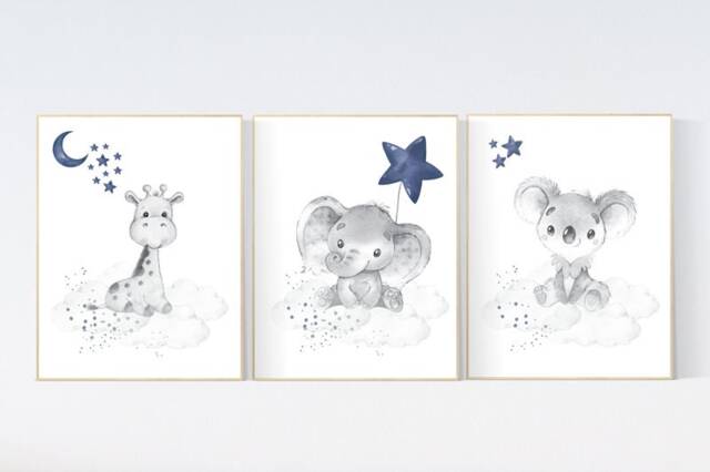 Elephant, Giraffe, Koala Nursery Prints Navy Blue Baby Room Wall Art - image 1