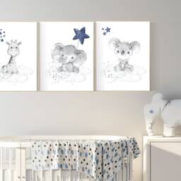 Elephant, Giraffe, Koala Nursery Prints Navy Blue Baby Room Wall Art - thumbnail 2