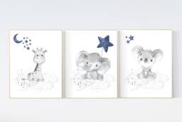 Elephant, Giraffe, Koala Nursery Prints Navy Blue Baby Room Wall Art - thumbnail 1