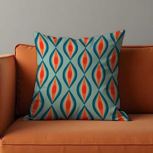 Retro Cushion Cover, Teal & Orange Geometric Pattern Pillow Case, Mid-Century Modern Throw Farmhouse Style Home Decor - image 1