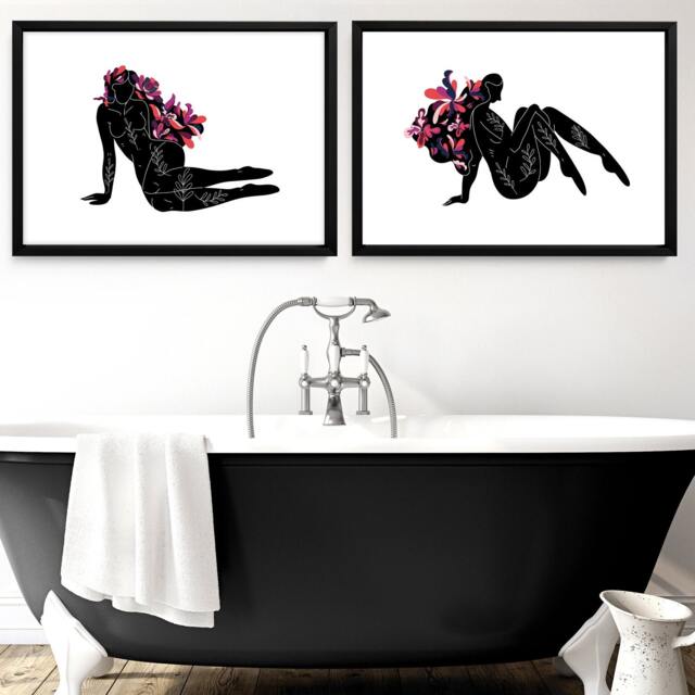 Trendy Feminine Framed Set Of 2 Wall Art Prints For Home Decor Bathroom, Coral & Purple Ladies Toilet Spa Decor - image 1
