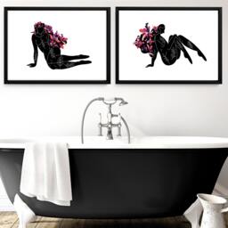 Trendy Feminine Framed Set Of 2 Wall Art Prints For Home Decor Bathroom, Coral & Purple Ladies Toilet Spa Decor - thumbnail 1