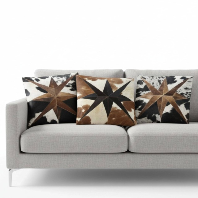 Patchwork Cowhide Cushion Covers - Genuine Hair-On Leather, Rustic Western Farmhouse Accent - Set Of 3 - image 1
