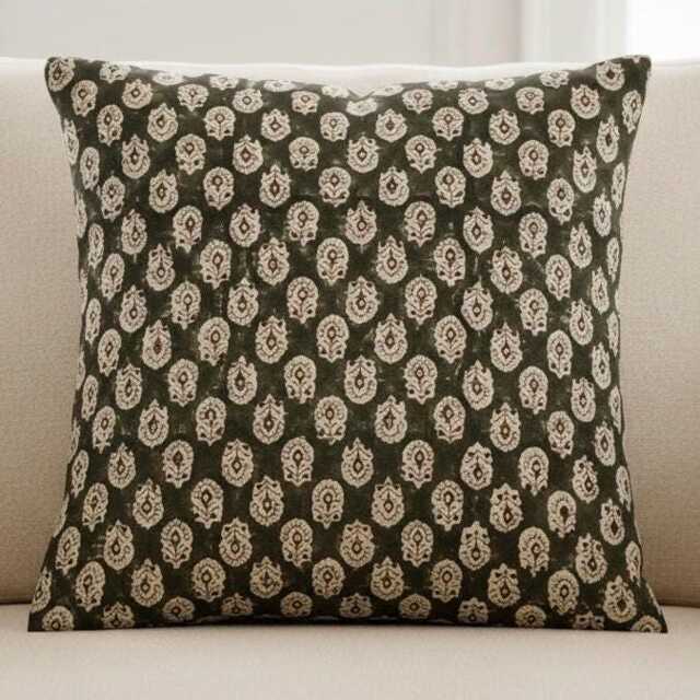 Brown Floral Block Print Pillow Cover Neutral Botanical Throw Handmade Cushion Farmhouse Traditional Decor - image 1