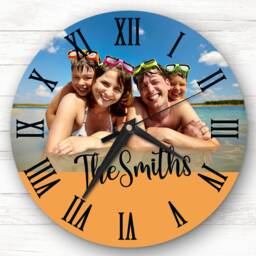 Any Family Photo Orange Semicircle Bottom Personalised Gift Clock