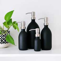 Matt Black Glass Soap Dispenser Bottle - Silver Metal Pump Choice Of Sizes Kitchen & Bathroom