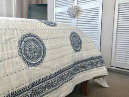 Hand Stitched Kantha Quilt - Floral Indian Bedspread - 108x90 - thumbnail 2