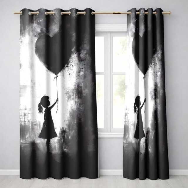 Girl Holding Black Heart Balloon Dark Monochrome Art Timeless Artistic Home Decor Readymade Eyelet Ring Top Thermal 100% Blackout Curtains - image 1