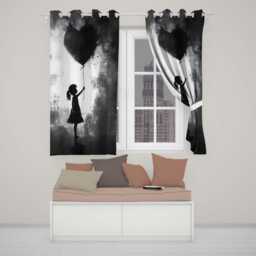 Girl Holding Black Heart Balloon Dark Monochrome Art Timeless Artistic Home Decor Readymade Eyelet Ring Top Thermal 100% Blackout Curtains - thumbnail 2