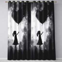 Girl Holding Black Heart Balloon Dark Monochrome Art Timeless Artistic Home Decor Readymade Eyelet Ring Top Thermal 100% Blackout Curtains - thumbnail 3