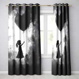 Girl Holding Black Heart Balloon Dark Monochrome Art Timeless Artistic Home Decor Readymade Eyelet Ring Top Thermal 100% Blackout Curtains - thumbnail 1