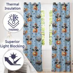 Cute Halloween Bat Pumpkin Star Night Seamless Pattern Blue Background Readymade Eyelet Ring Top Thermal 100% Blackout Curtains - thumbnail 3
