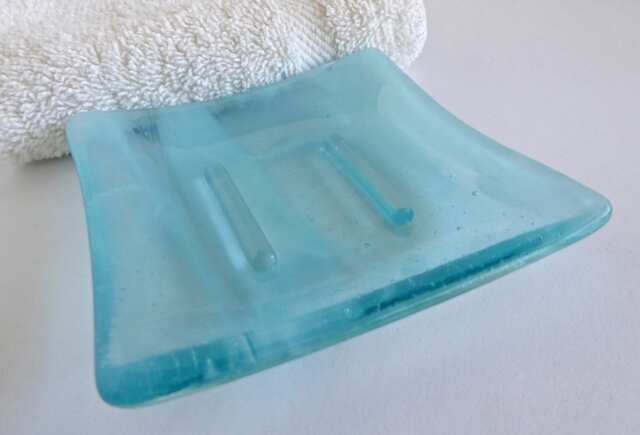 Square Soap Dish in Aqua Streaky Fused Glass By Bprdesigns - image 1