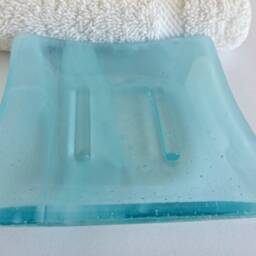 Square Soap Dish in Aqua Streaky Fused Glass By Bprdesigns - thumbnail 2