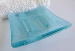 Square Soap Dish in Aqua Streaky Fused Glass By Bprdesigns