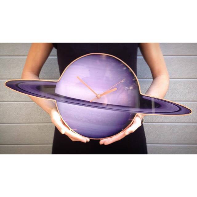 Saturn Planet Clock in Special Glass Shape Glowing Celestial Purple Wall Art - image 1