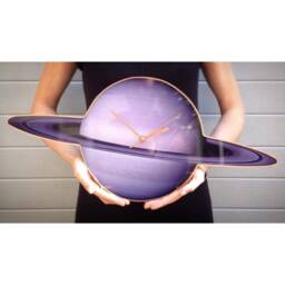 Saturn Planet Clock in Special Glass Shape Glowing Celestial Purple Wall Art