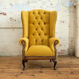 British Handmade Mustard Gold Velvet With Antique Tan Leather Chesterfield High Back Wing Chair - thumbnail 3