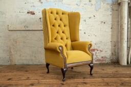 British Handmade Mustard Gold Velvet With Antique Tan Leather Chesterfield High Back Wing Chair - thumbnail 1