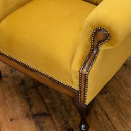 British Handmade Mustard Gold Velvet With Antique Tan Leather Chesterfield High Back Wing Chair - thumbnail 4