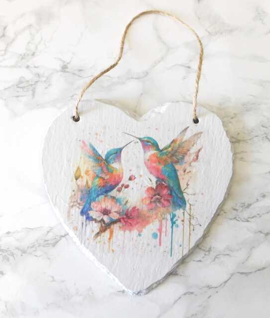 Hummingbird Slate Heart Plaque Watercolor Wall Art - image 1