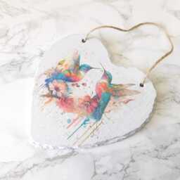 Hummingbird Slate Heart Plaque Watercolor Wall Art - thumbnail 2