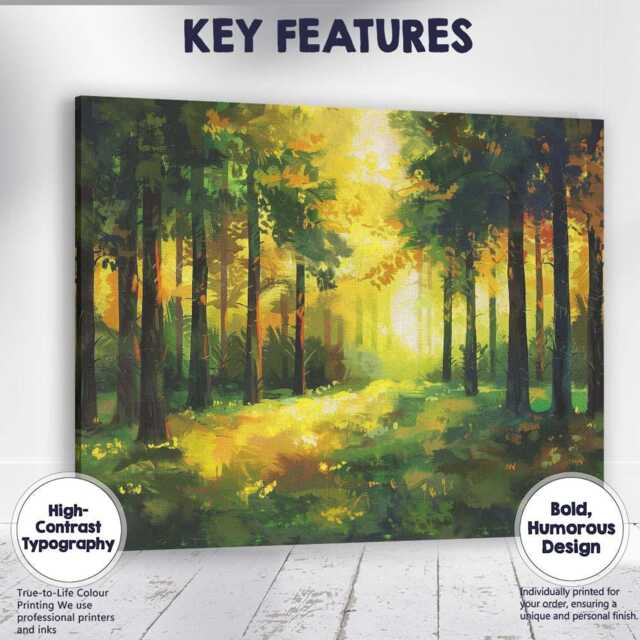 Golden Sunlit Forest Woodland Nature Painting Canvas Wall Art Print Decor Picture Ready To Hang - image 1