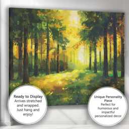 Golden Sunlit Forest Woodland Nature Painting Canvas Wall Art Print Decor Picture Ready To Hang - thumbnail 3
