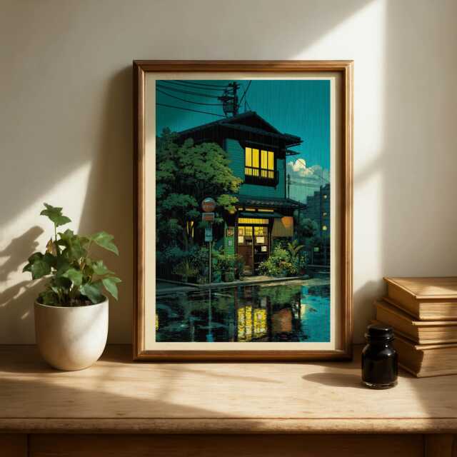 Tokyo Tea House Art Print, Japanese City Street Illustration, Anime Style Cafe Scene, Retro Wall Poster, Prints - image 1
